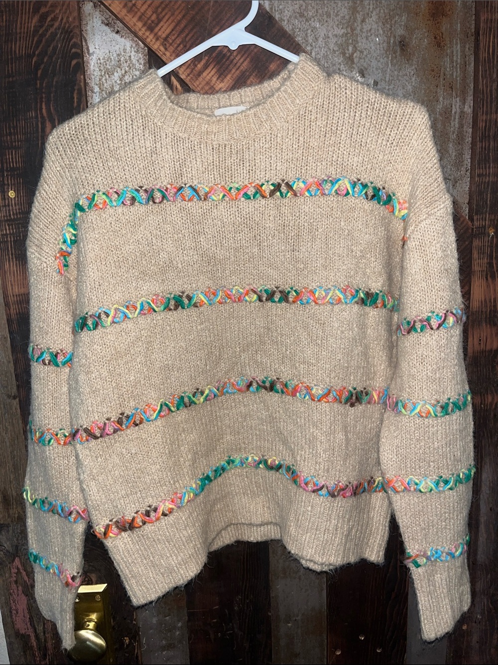 BiBi Tan Crewneck Sweater with Multicolor Braided Stripes